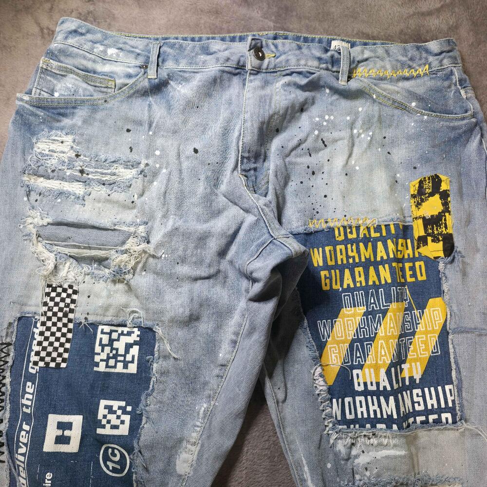 Smoke Rise Jeans Mens 42x32 Light Blue Distressed Patchwork Paint Splatter SR91